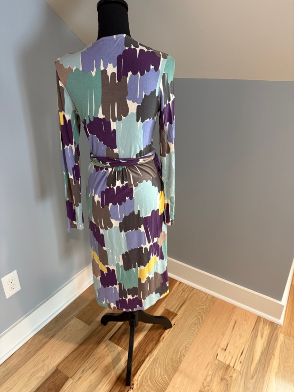 Boden Multi-Color Wrap StylebMidi Dress in Purple, Yellow, Green - Picture 2 of 5